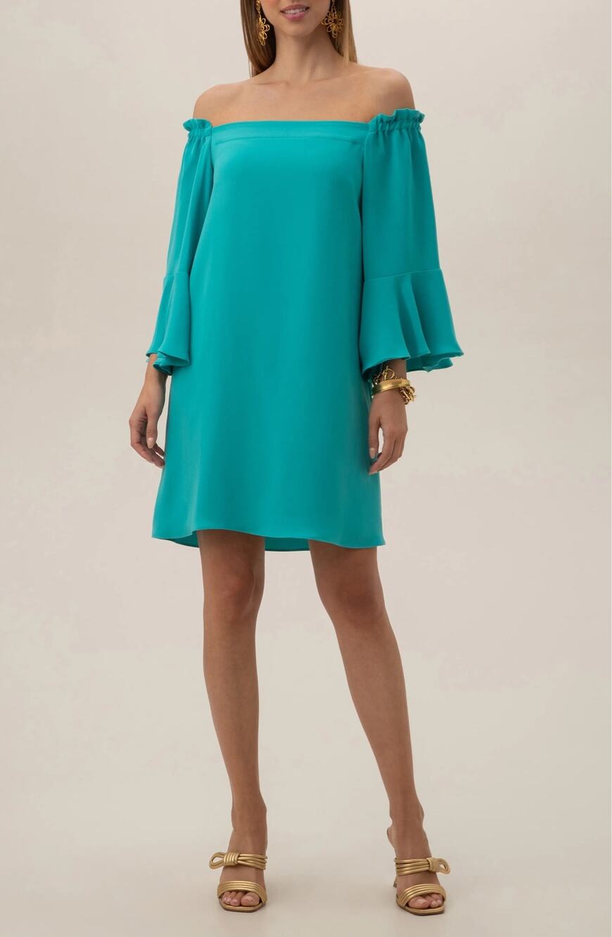 NWT Trina Turk Knox Dress Small Off Shoulder Bell Sleeve Turquoise Shift Dress
